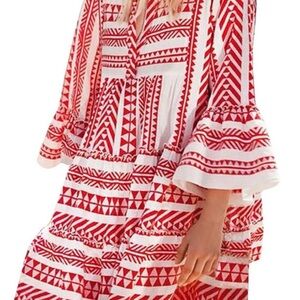 Trendy Boho Red and White Geometric Pattern Dress - S